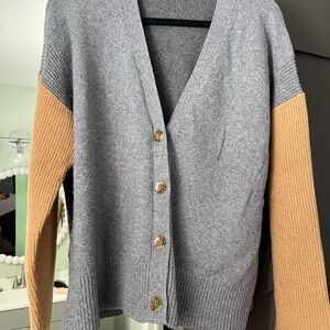 LOFT Gray Cardigan with Camel Sleeves Button-Front V-Neck